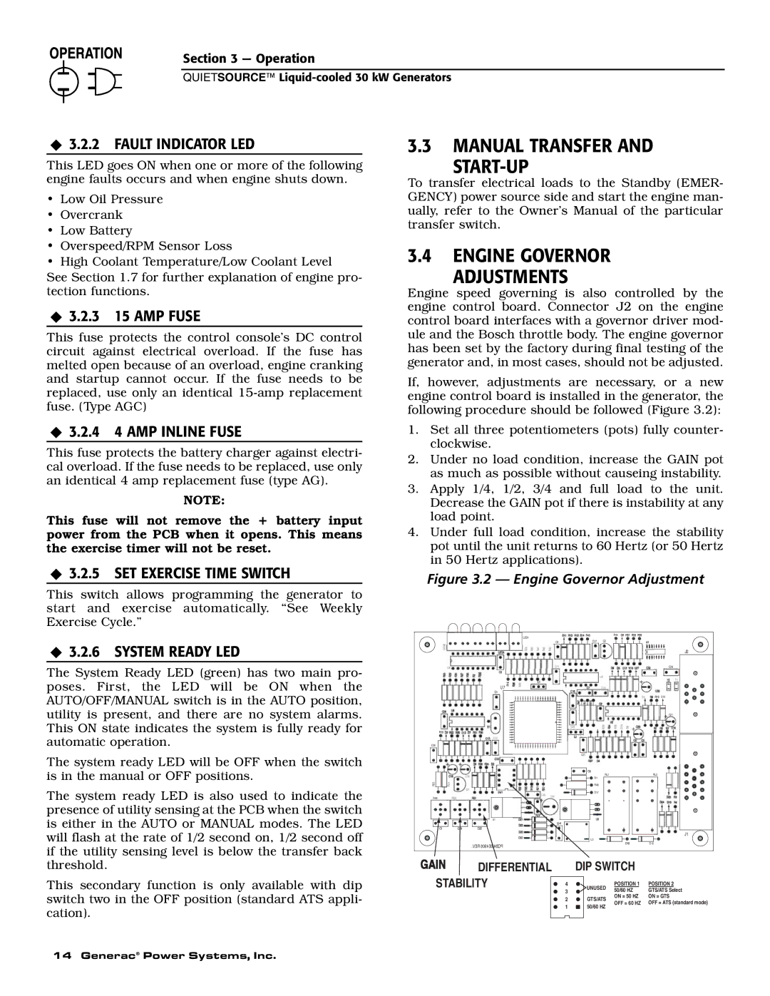 Generac 004917-5 owner manual Manual Transfer START-UP Engine Governor Adjustments, ‹ 3.2.2 Fault Indicator LED 