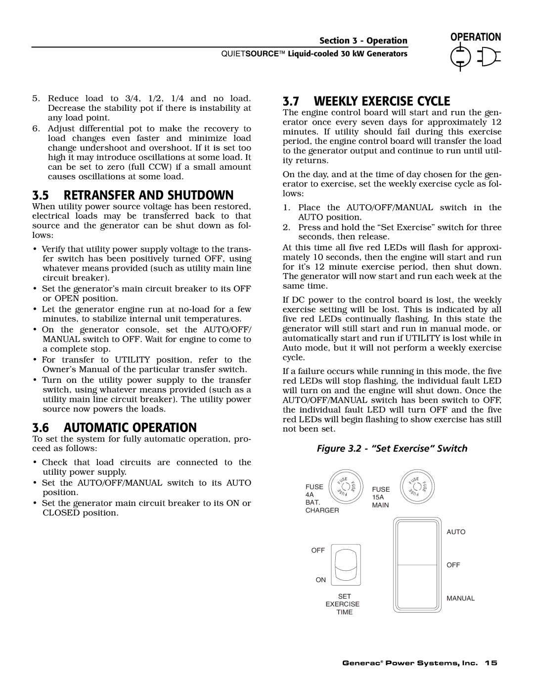 Generac 004917-5 owner manual Retransfer and Shutdown, Automatic Operation, Weekly Exercise Cycle 