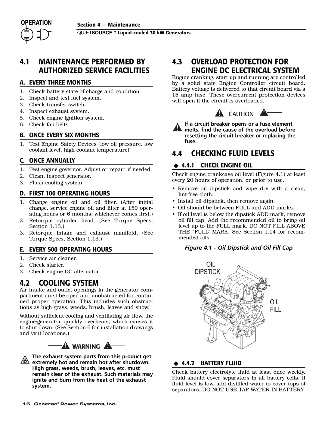 Generac 004917-5 owner manual Overload Protection for Engine DC Electrical System, Checking Fluid Levels, Cooling System 