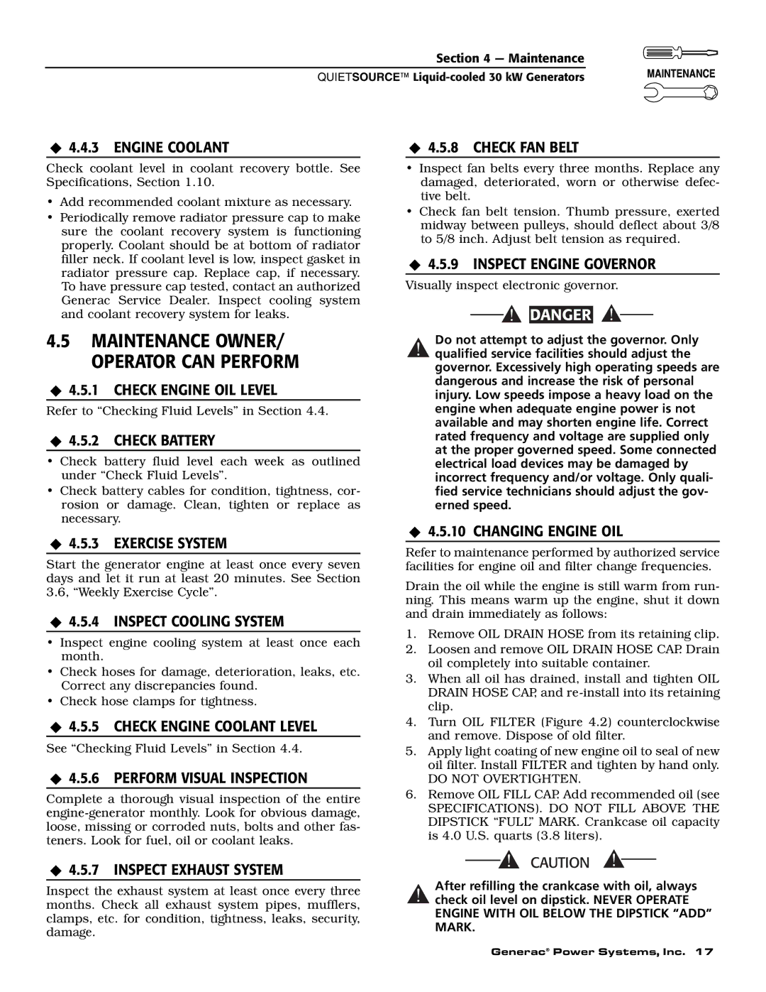 Generac 004917-5 ‹ 4.4.3 Engine Coolant, ‹ 4.5.1 Check Engine OIL Level, ‹ 4.5.2 Check Battery, ‹ 4.5.3 Exercise System 