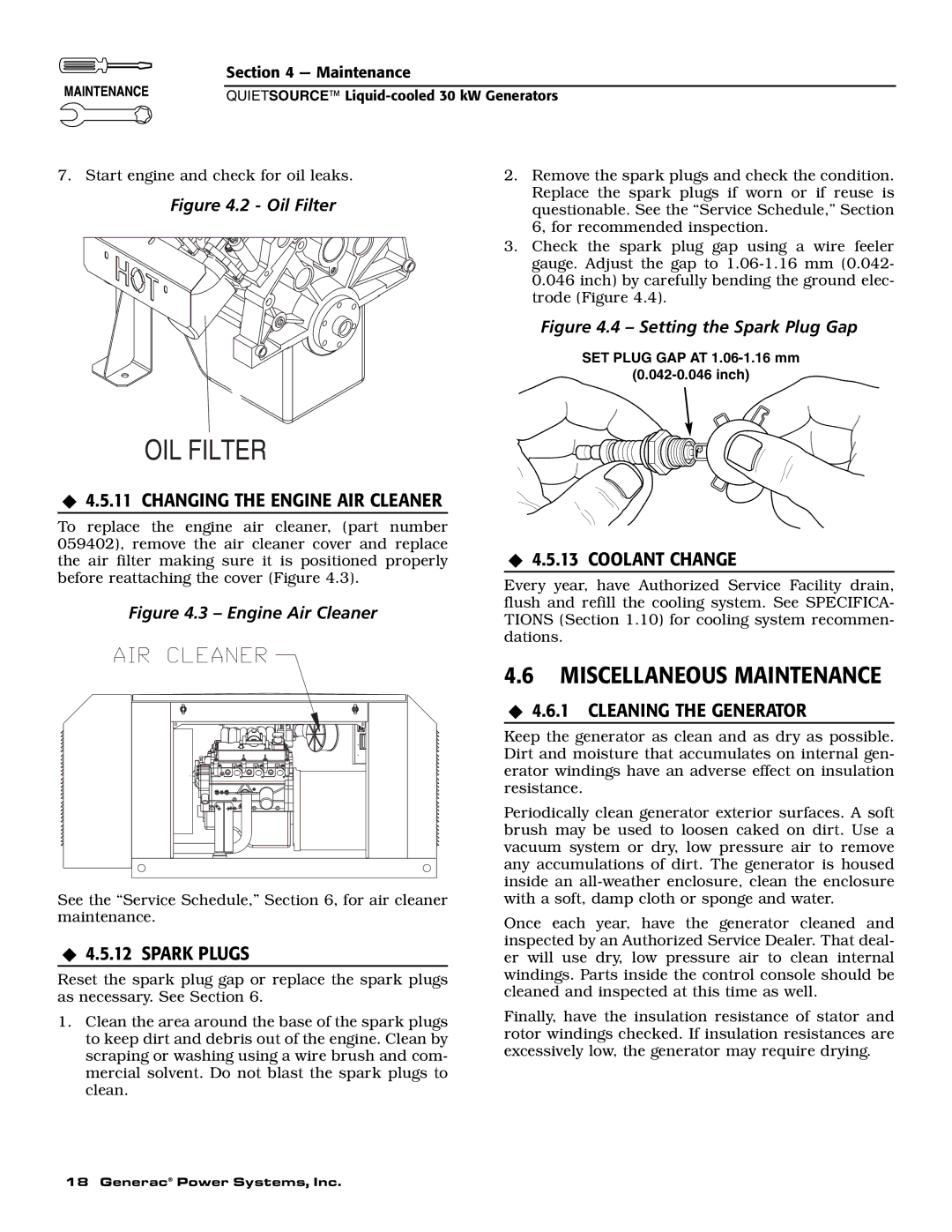 Generac 004917-5 owner manual Miscellaneous Maintenance, ‹ 4.5.11 Changing the Engine AIR Cleaner, ‹ 4.5.13 Coolant Change 