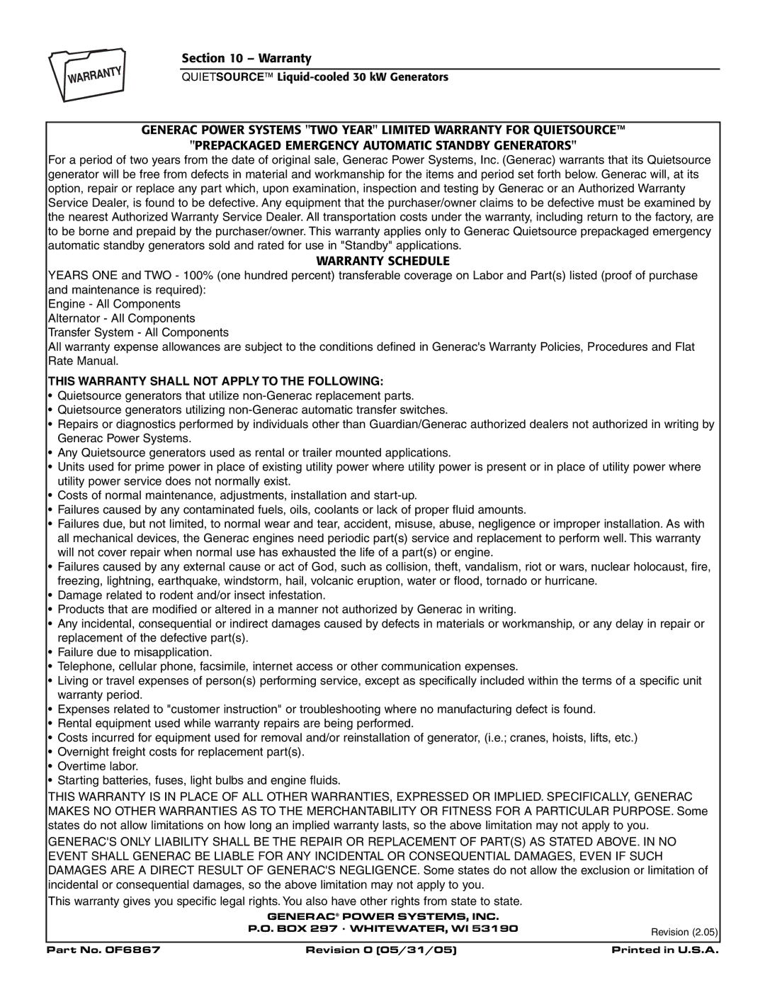 Generac 004917-5 owner manual This Warranty Shall not Apply to the Following 