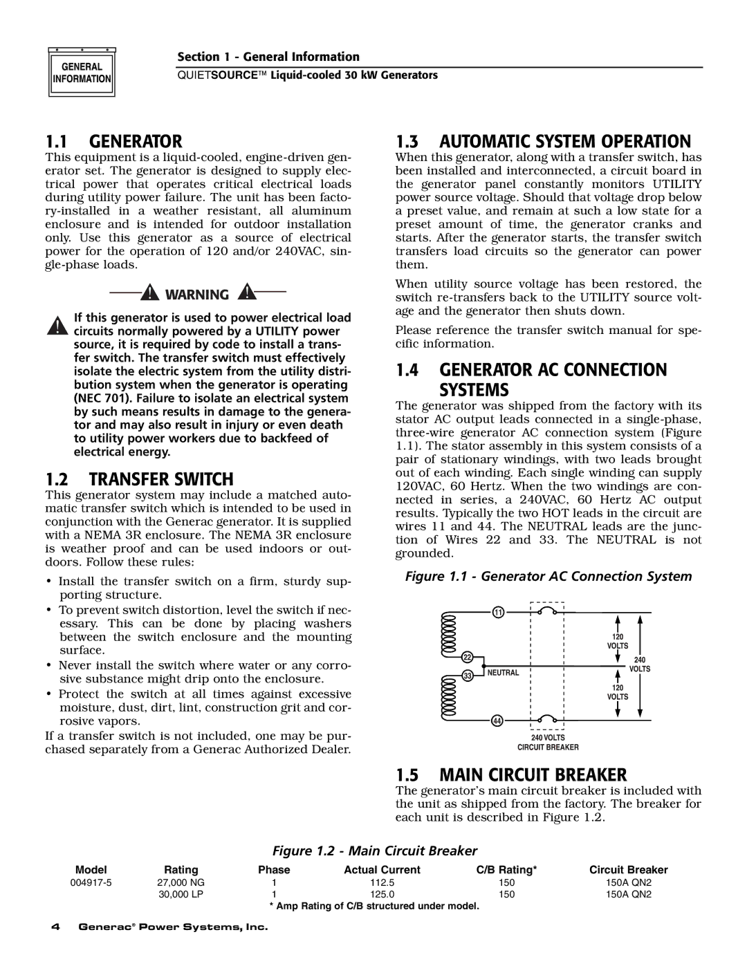 Generac 004917-5 Transfer Switch, Automatic System Operation, Generator AC Connection Systems, Main Circuit Breaker 