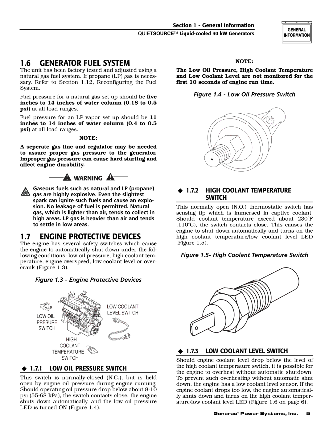 Generac 004917-5 owner manual Generator Fuel System, Engine Protective Devices, ‹ 1.7.2 High Coolant Temperature Switch 