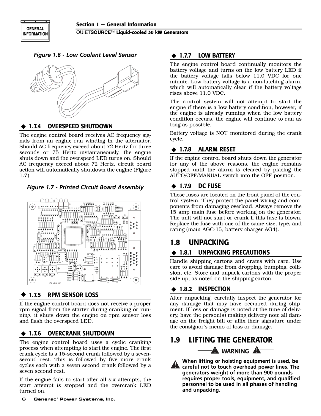 Generac 004917-5 owner manual Unpacking, Lifting the Generator 