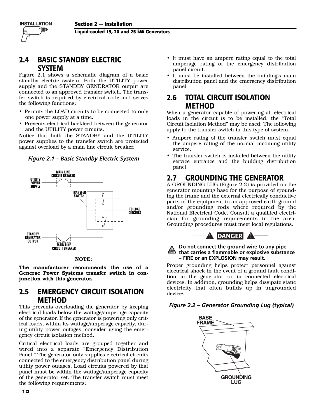Generac 005028-0 Basic Standby Electric System, Total Circuit Isolation Method, Grounding The Generator, Danger 