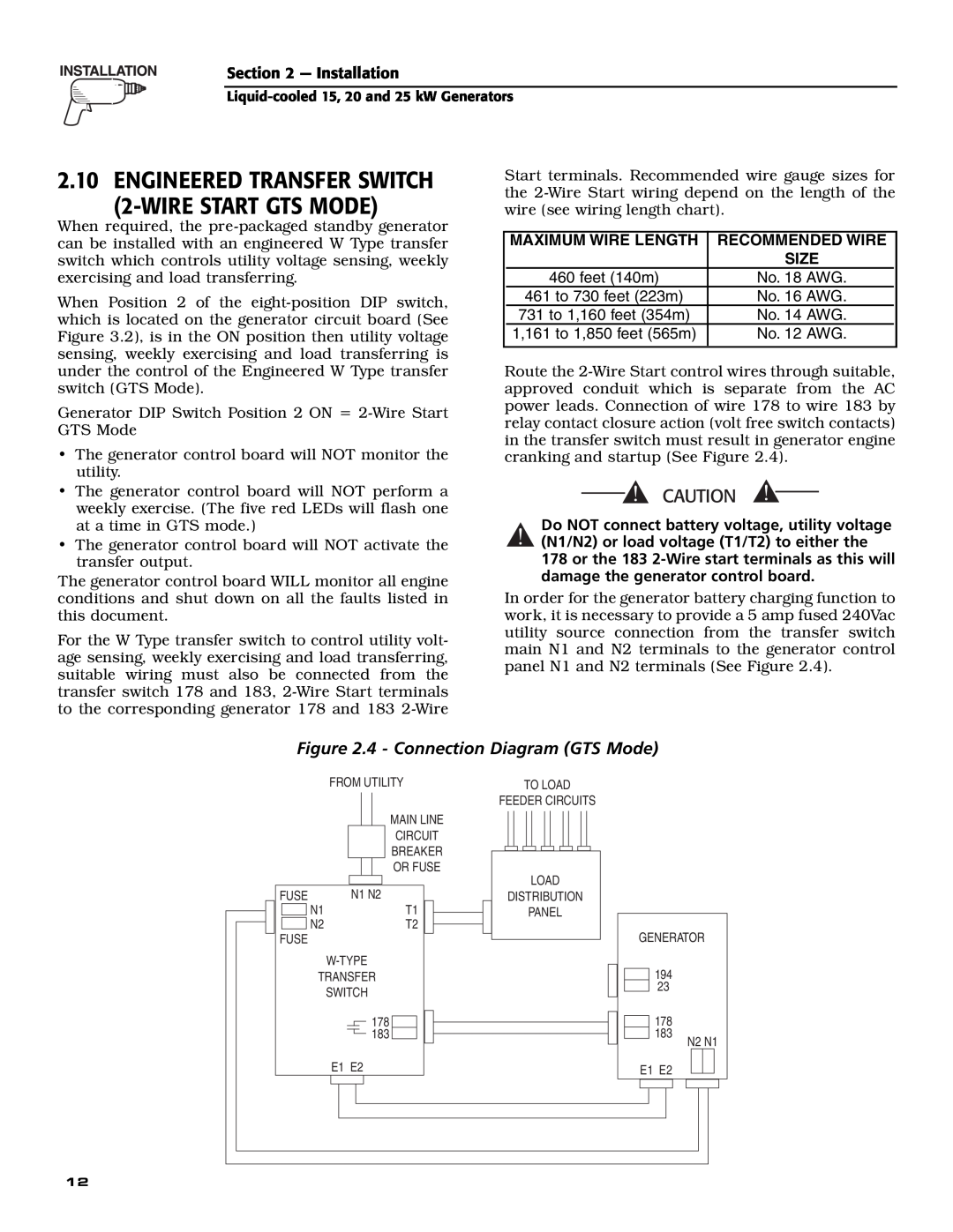 Generac 005028-0 ENGINEERED TRANSFER SWITCH 2-WIRE START GTS MODE, 4 - Connection Diagram GTS Mode, Maximum Wire Length 