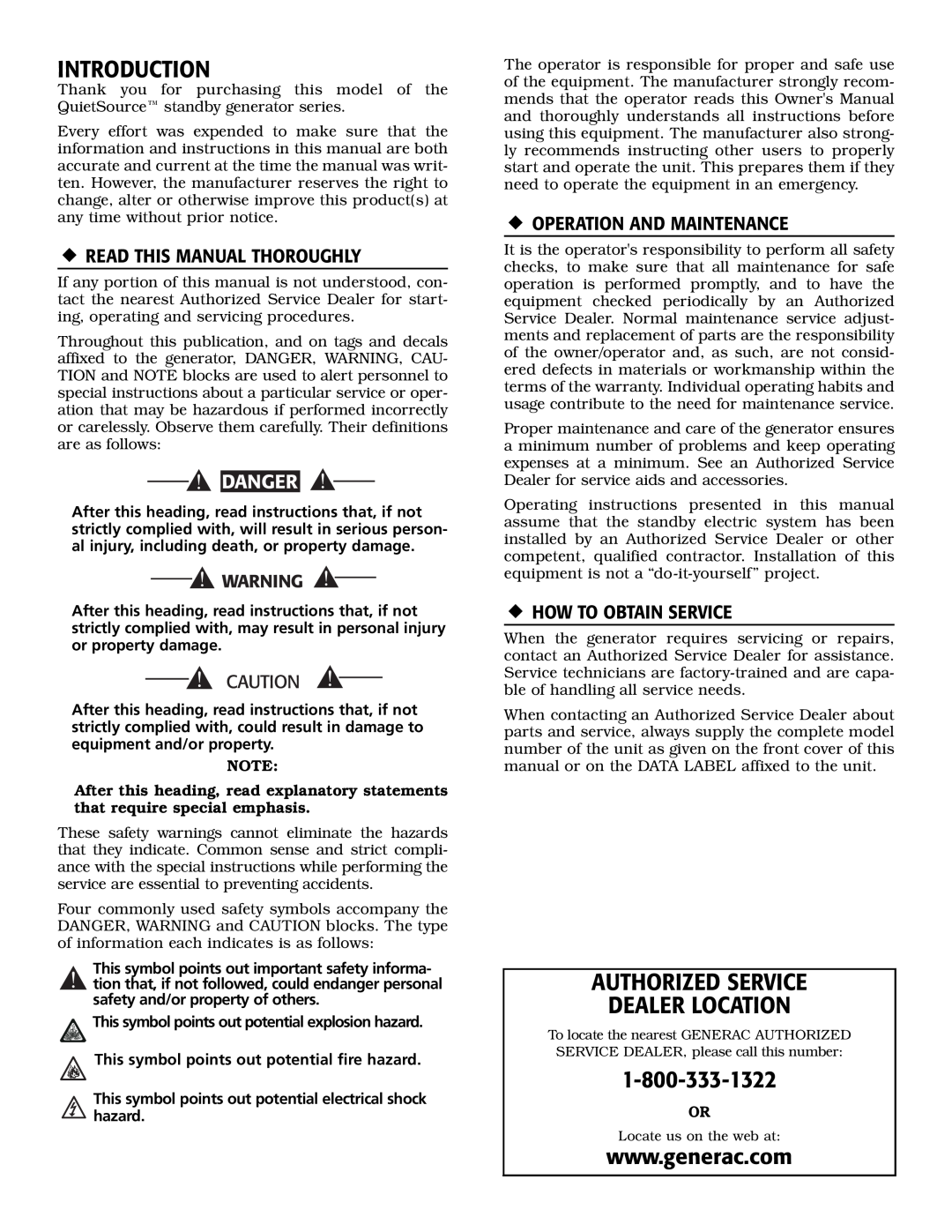 Generac 005028-0 owner manual Introduction, Authorized Service Dealer Location, ‹ Read This Manual Thoroughly, Danger 