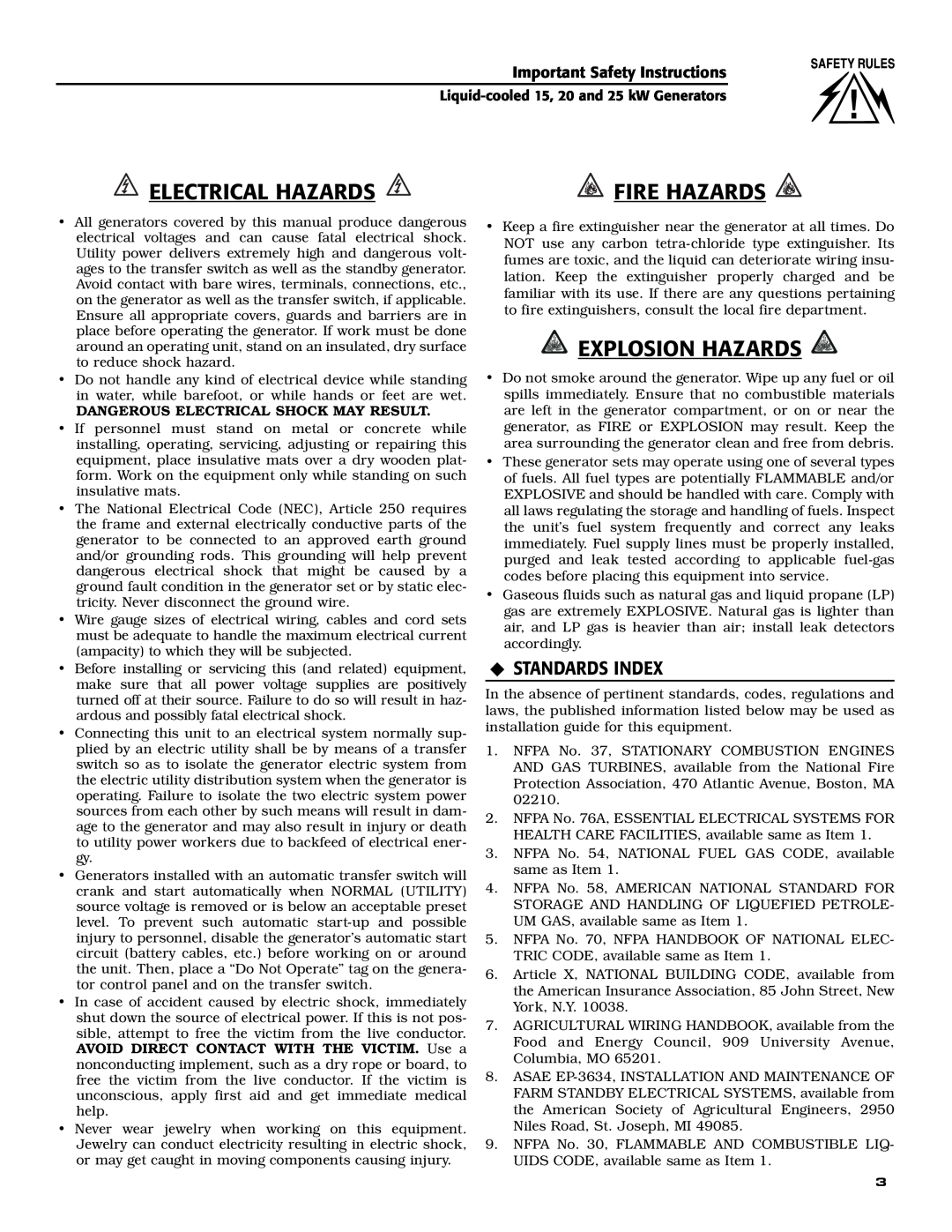 Generac 005030-0, 005028-0, 005031-0 owner manual Electrical Hazards, Fire Hazards, Explosion Hazards, ‹ Standards Index 