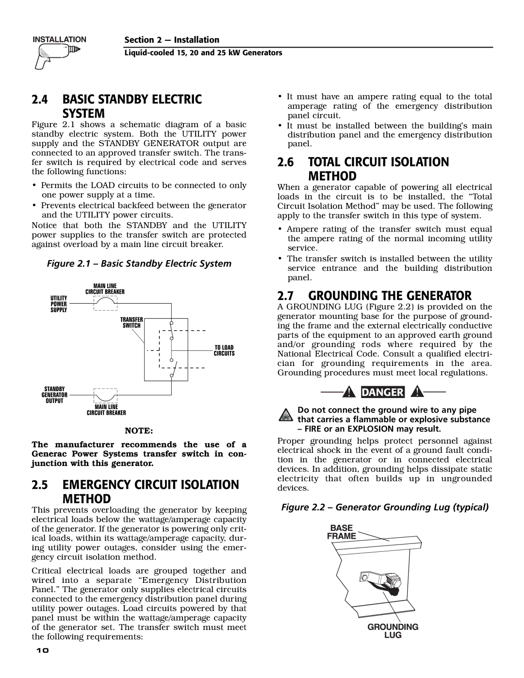 Generac 005028-0 owner manual Basic Standby Electric System, Total Circuit Isolation Method, Grounding the Generator 