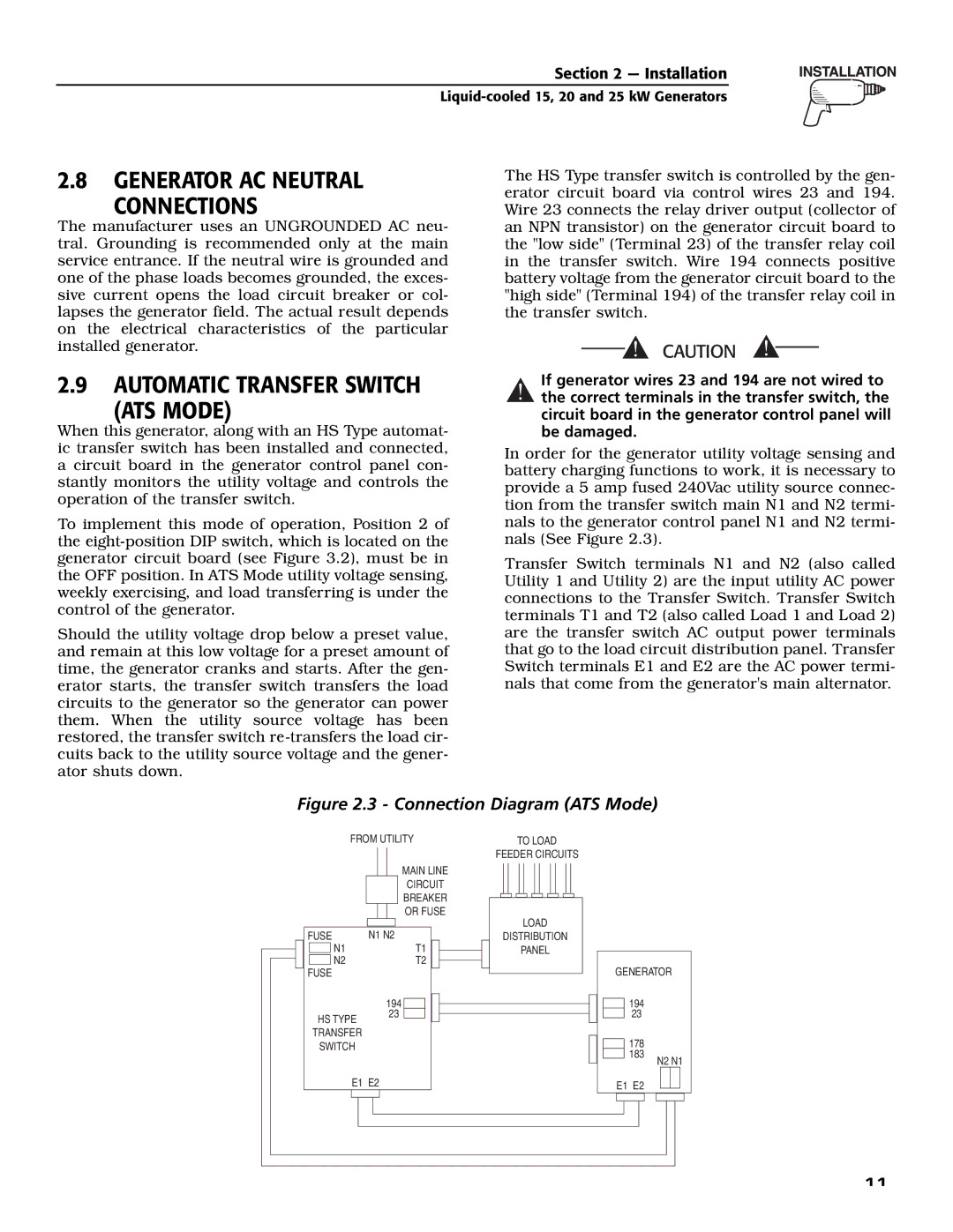 Generac 005030-0, 005028-0, 005031-0 owner manual Generator AC Neutral Connections, Connection Diagram ATS Mode 