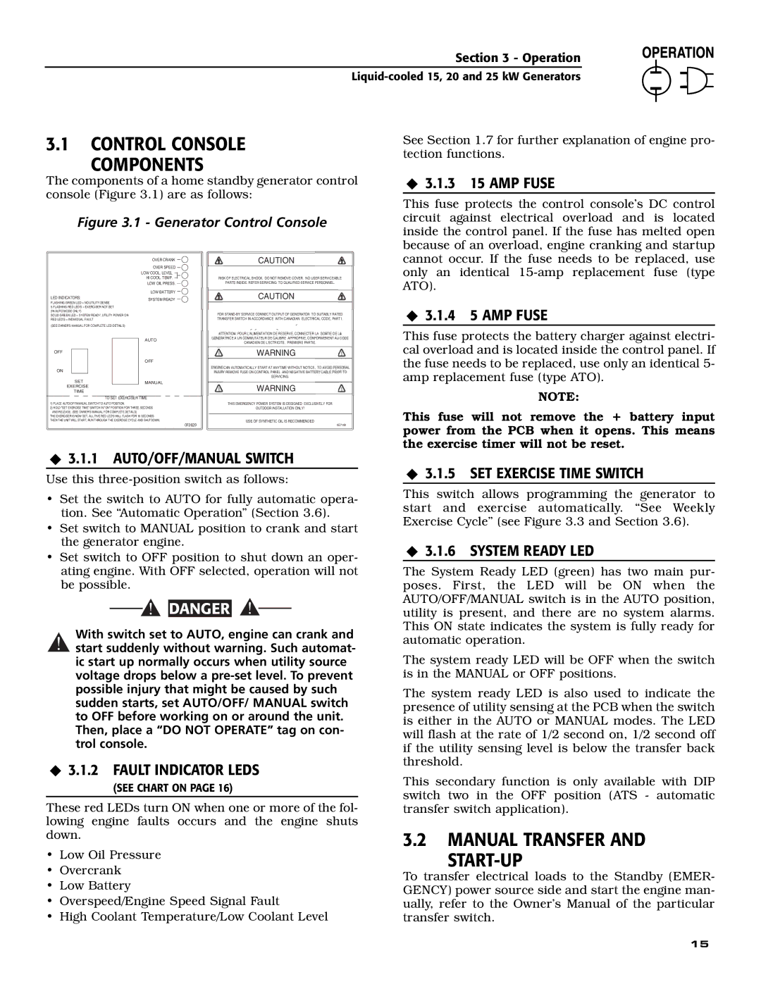 Generac 005030-0, 005028-0, 005031-0 owner manual Control Console Components, Manual Transfer START-UP 