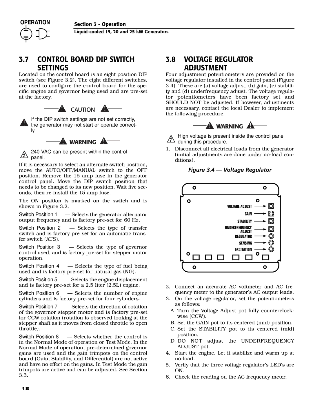 Generac 005030-0, 005028-0, 005031-0 owner manual Control Board DIP Switch Settings, Voltage Regulator Adjustment 