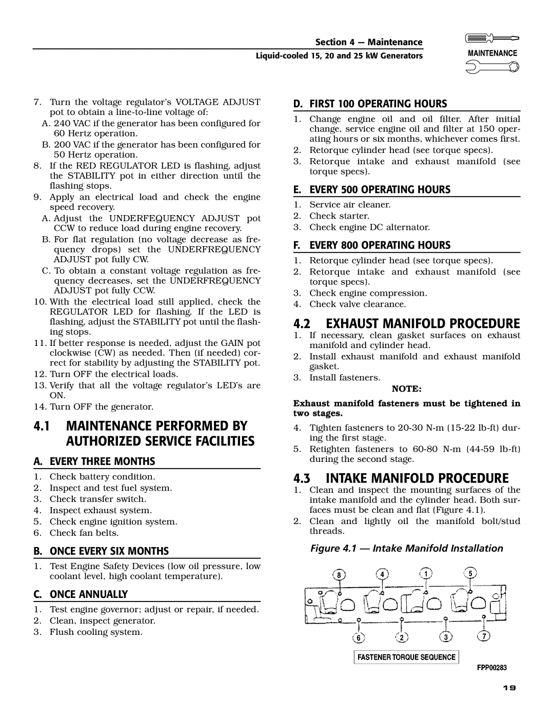 Generac 005030-0, 005028-0, 005031-0 owner manual Exhaust Manifold Procedure, Intake Manifold Procedure 