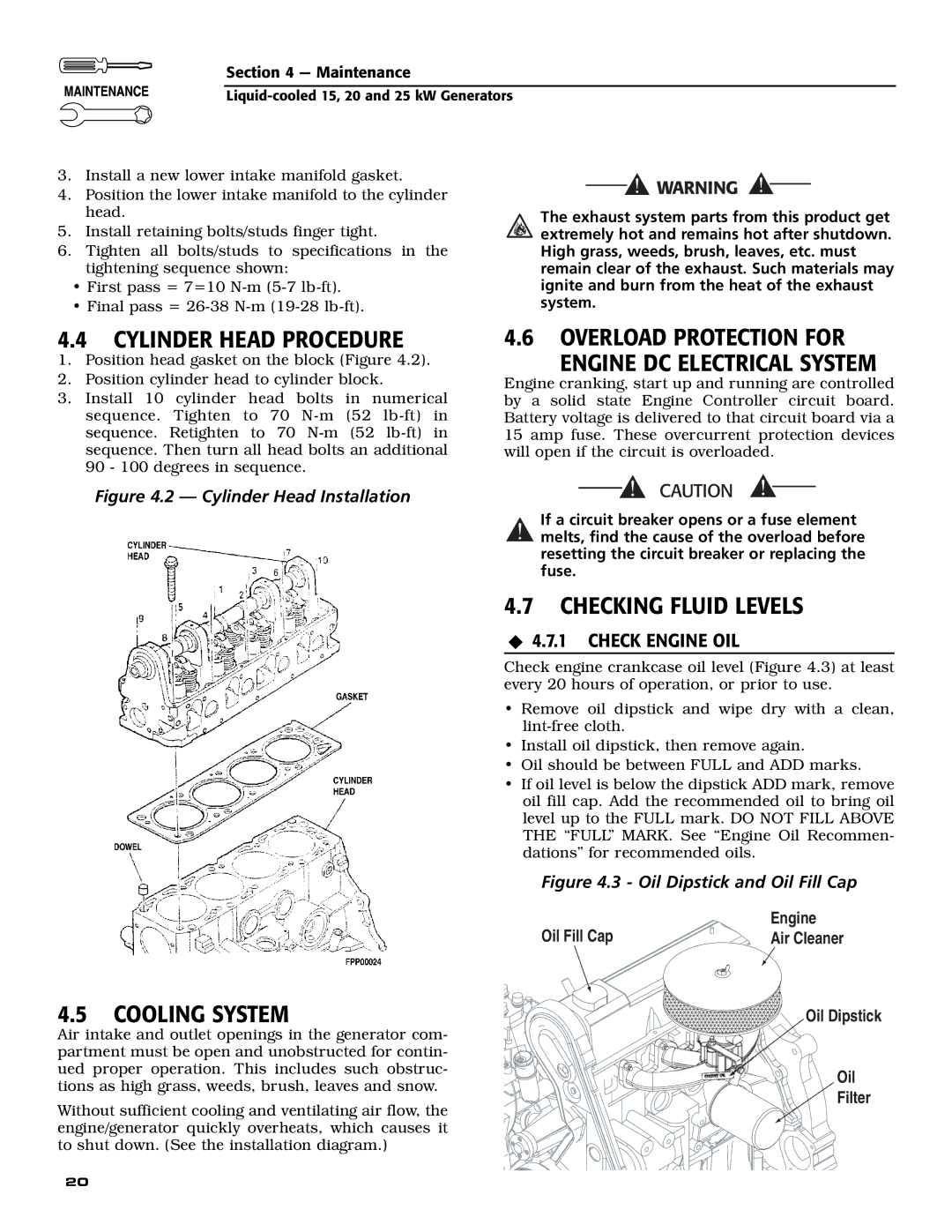 Generac 005028-0 owner manual Cylinder Head Procedure, Cooling System, Overload Protection for Engine DC Electrical System 