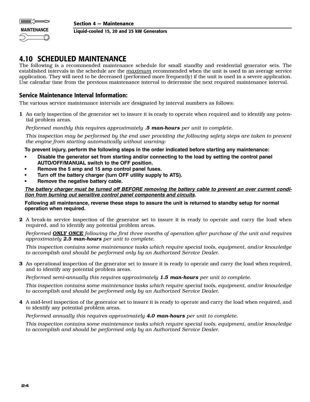 Generac 005030-0, 005028-0, 005031-0 owner manual Scheduled Maintenance, Service Maintenance Interval Information 