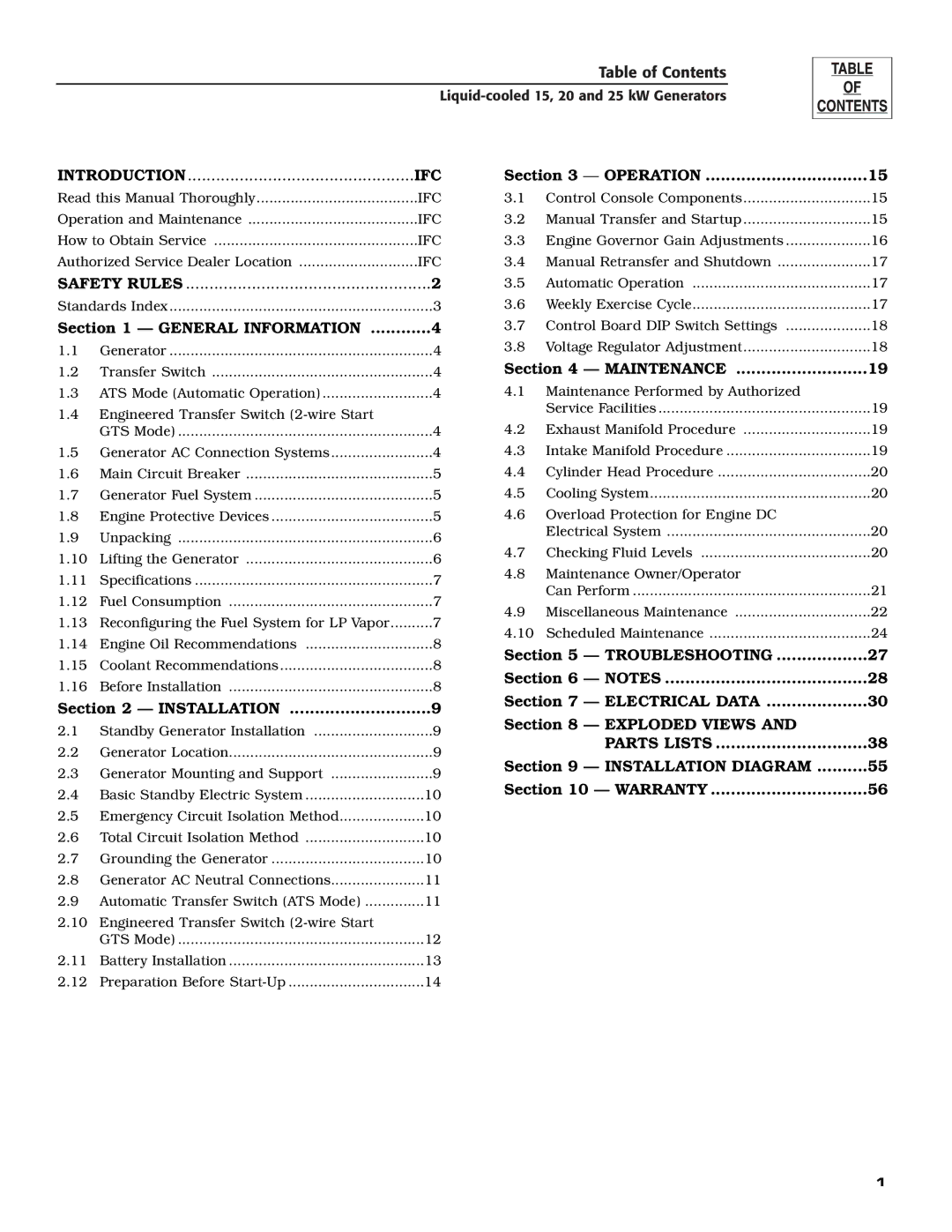 Generac 005030-0, 005028-0, 005031-0 owner manual Table of Contents 