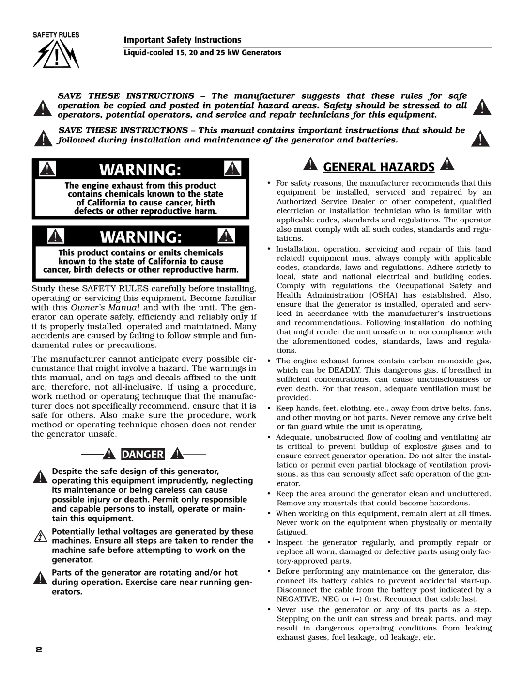 Generac 005030-0, 005028-0, 005031-0 owner manual General Hazards 