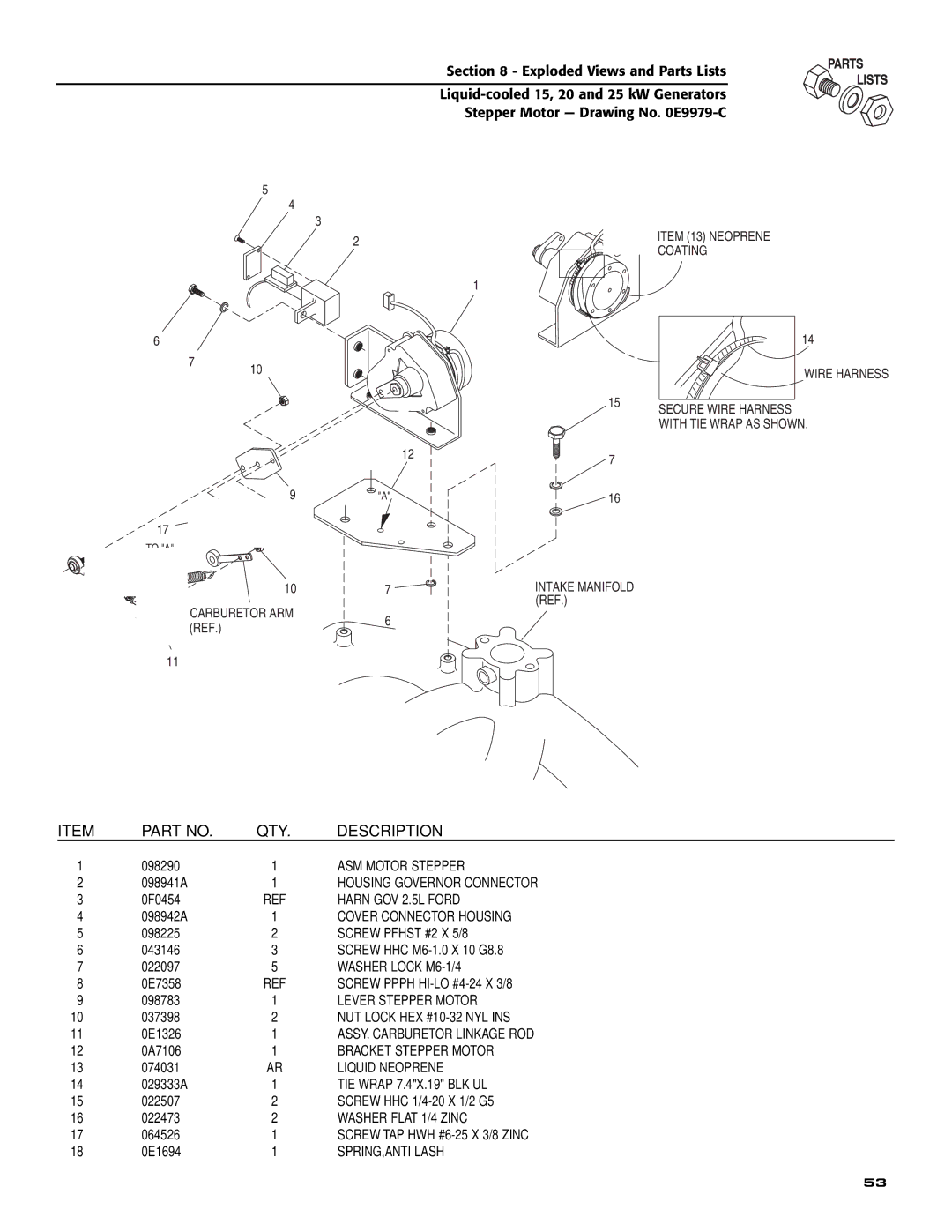 Generac 005030-0, 005028-0, 005031-0 ASM Motor Stepper, Housing Governor Connector, Harn GOV 2.5L Ford, Liquid Neoprene 