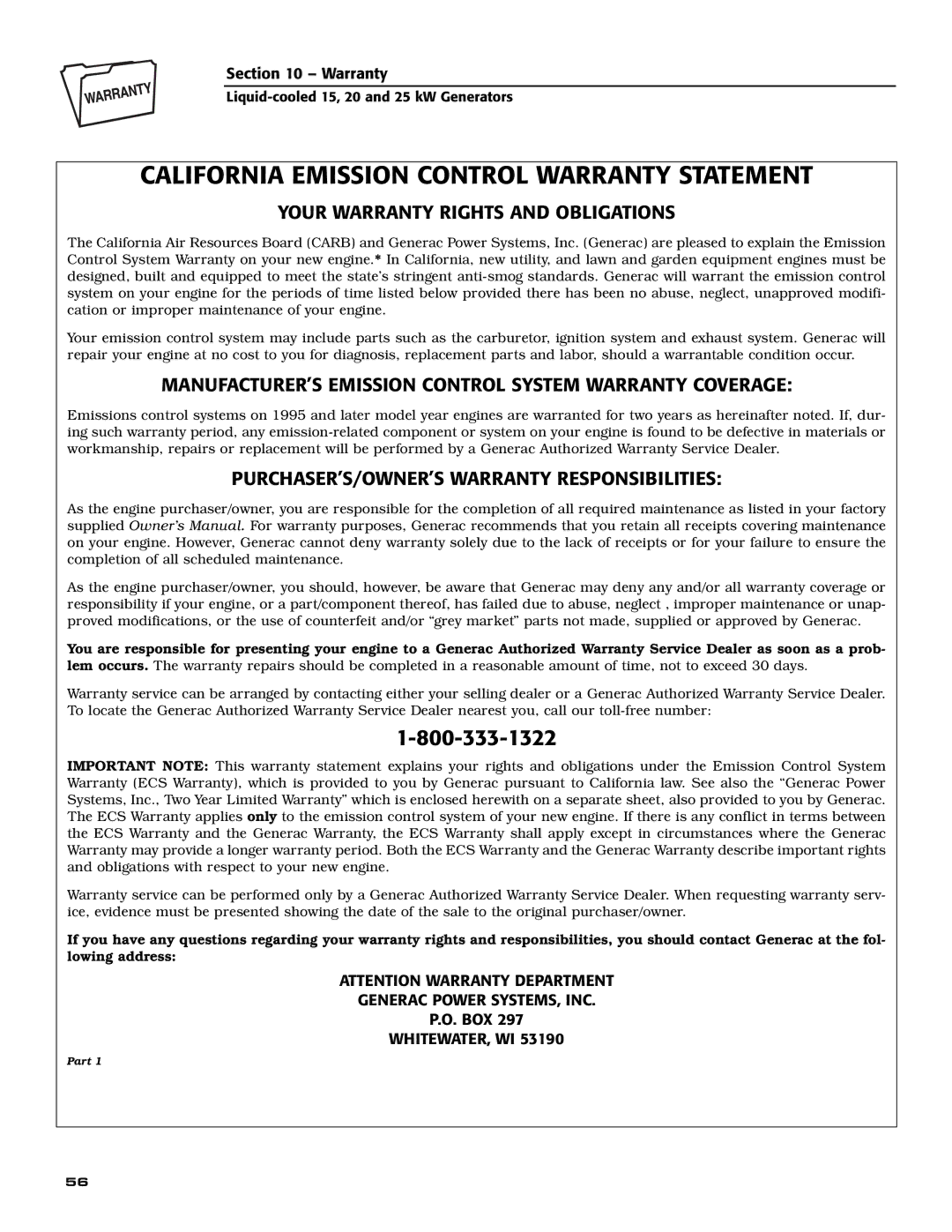 Generac 005028-0 Your Warranty Rights and Obligations, MANUFACTURER’S Emission Control System Warranty Coverage 