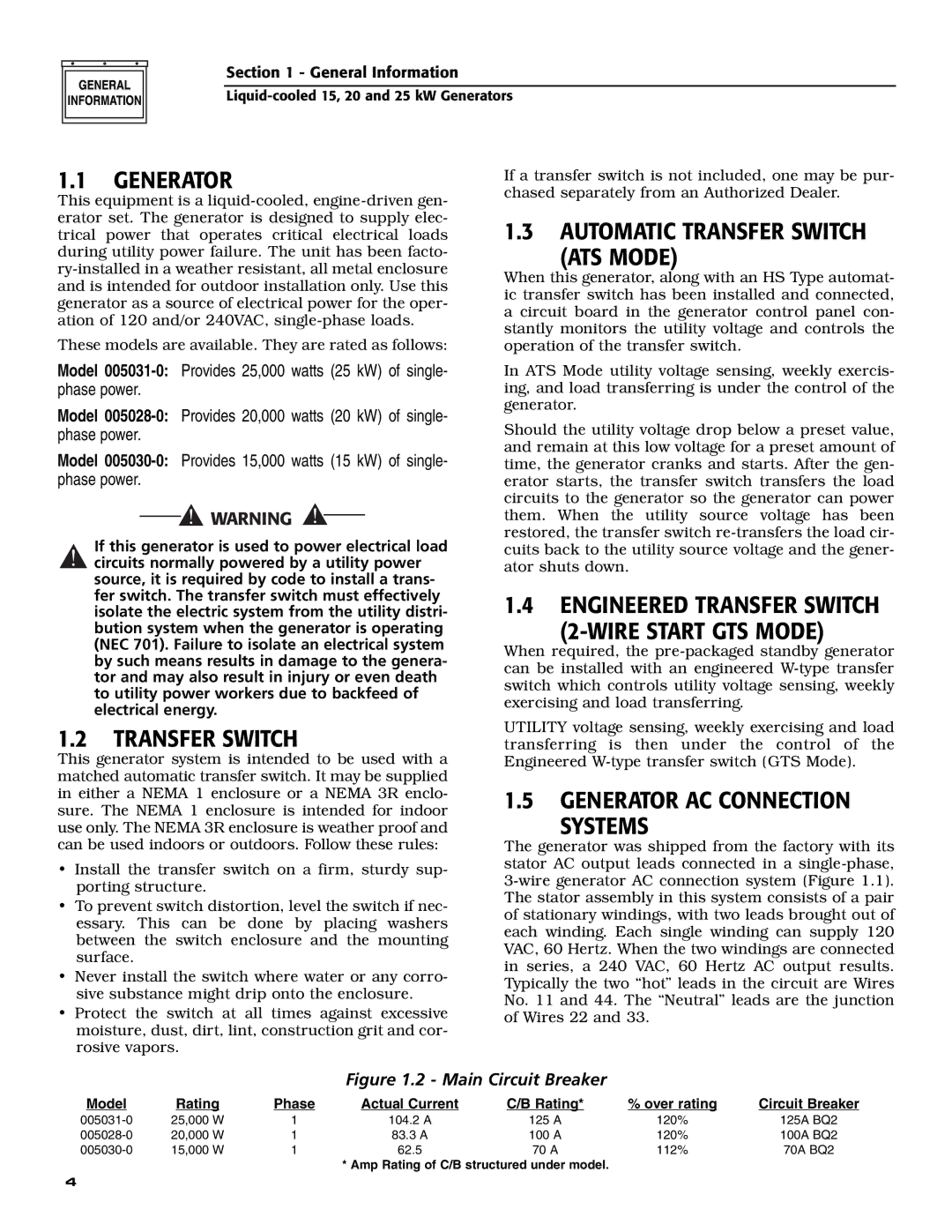Generac 005028-0 Generator, Automatic Transfer Switch ATS Mode, Engineered Transfer Switch Wire Start GTS Mode 