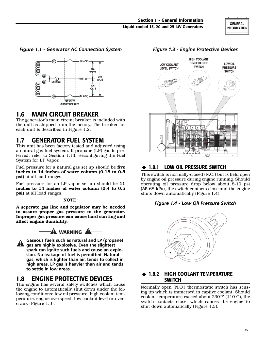 Generac 005030-0, 005028-0, 005031-0 owner manual Main Circuit Breaker, Generator Fuel System, Engine Protective Devices 