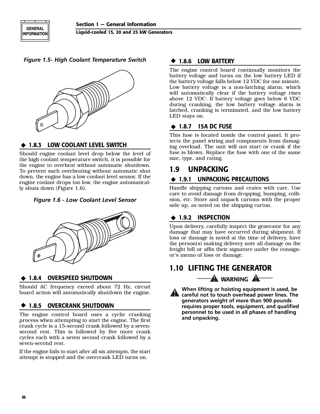 Generac 005030-0, 005028-0, 005031-0 owner manual Unpacking, Lifting the Generator 