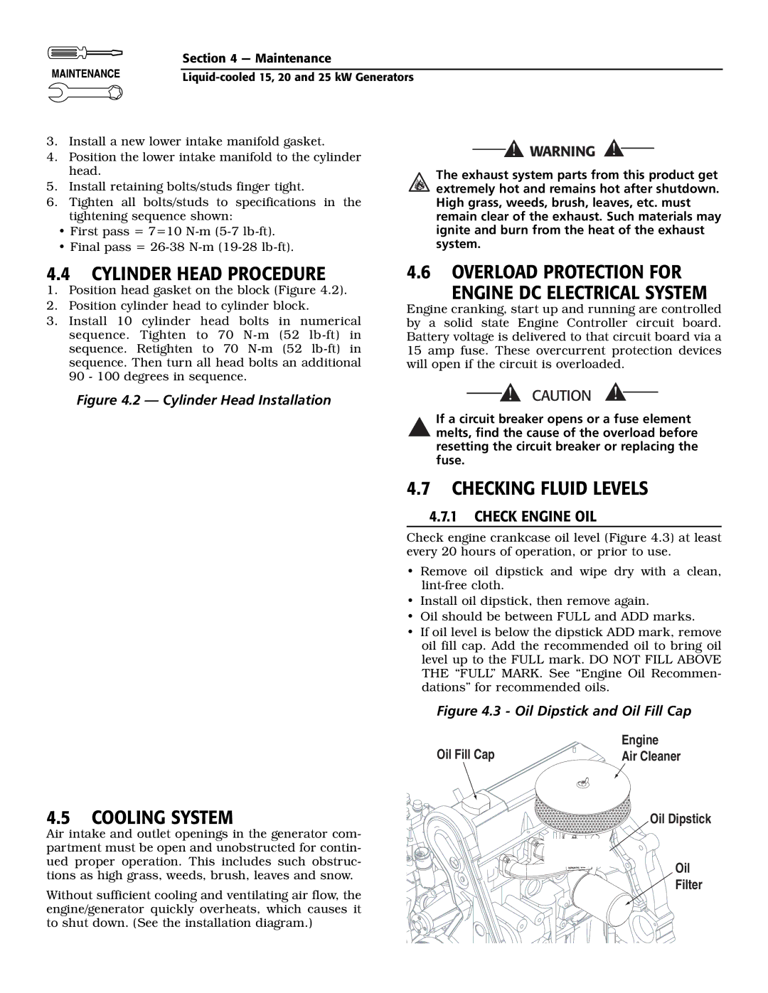 Generac 005031-0 (25kW) Cylinder Head Procedure, Cooling System, Overload Protection for Engine DC Electrical System 