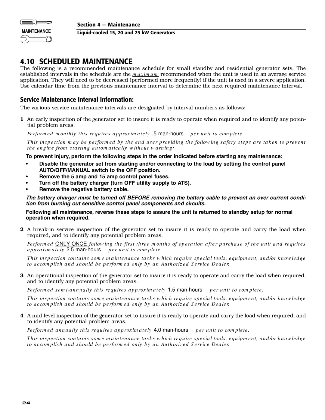 Generac 005031-0 (25kW), 005030-0 (15kW) owner manual Scheduled Maintenance, Service Maintenance Interval Information 