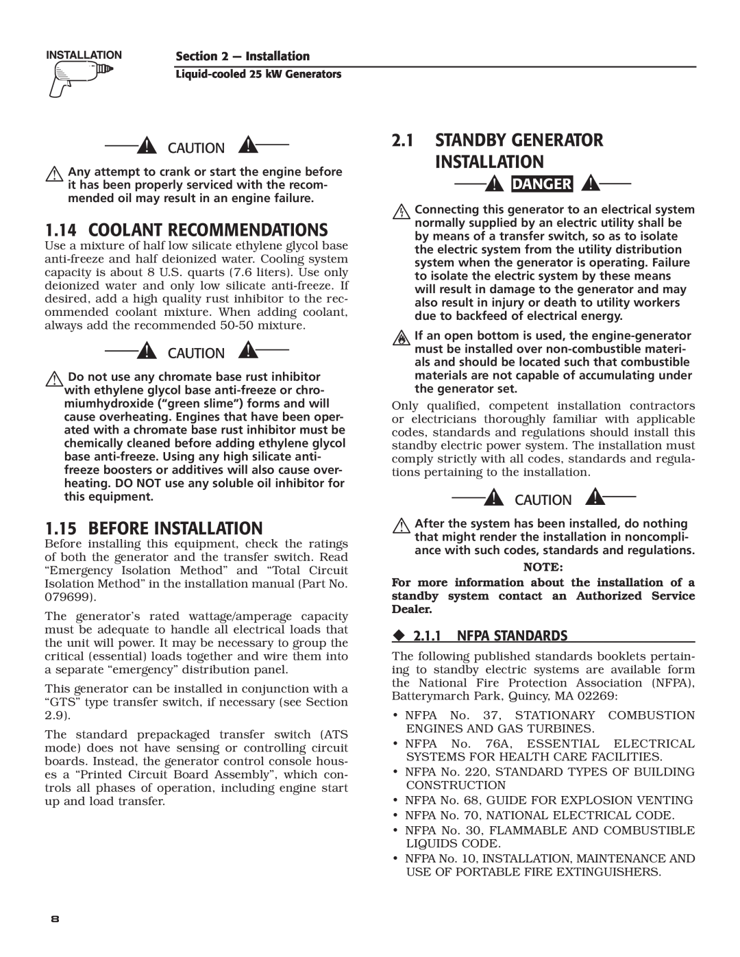 Generac 005031-2 Coolant Recommendations, 2.1STANDBY GENERATOR INSTALLATION, Before Installation, ‹2.1.1 NFPA STANDARDS 