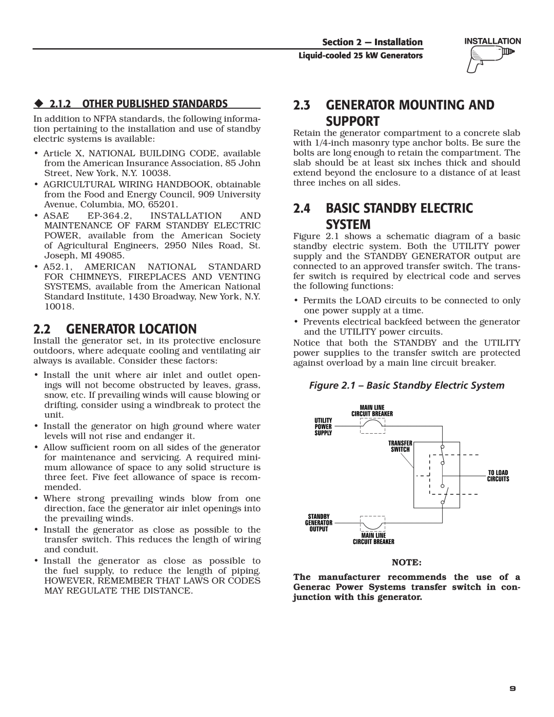 Generac 005031-2 owner manual 2.2GENERATOR LOCATION, 2.3GENERATOR MOUNTING AND SUPPORT, 2.4BASIC STANDBY ELECTRIC SYSTEM 