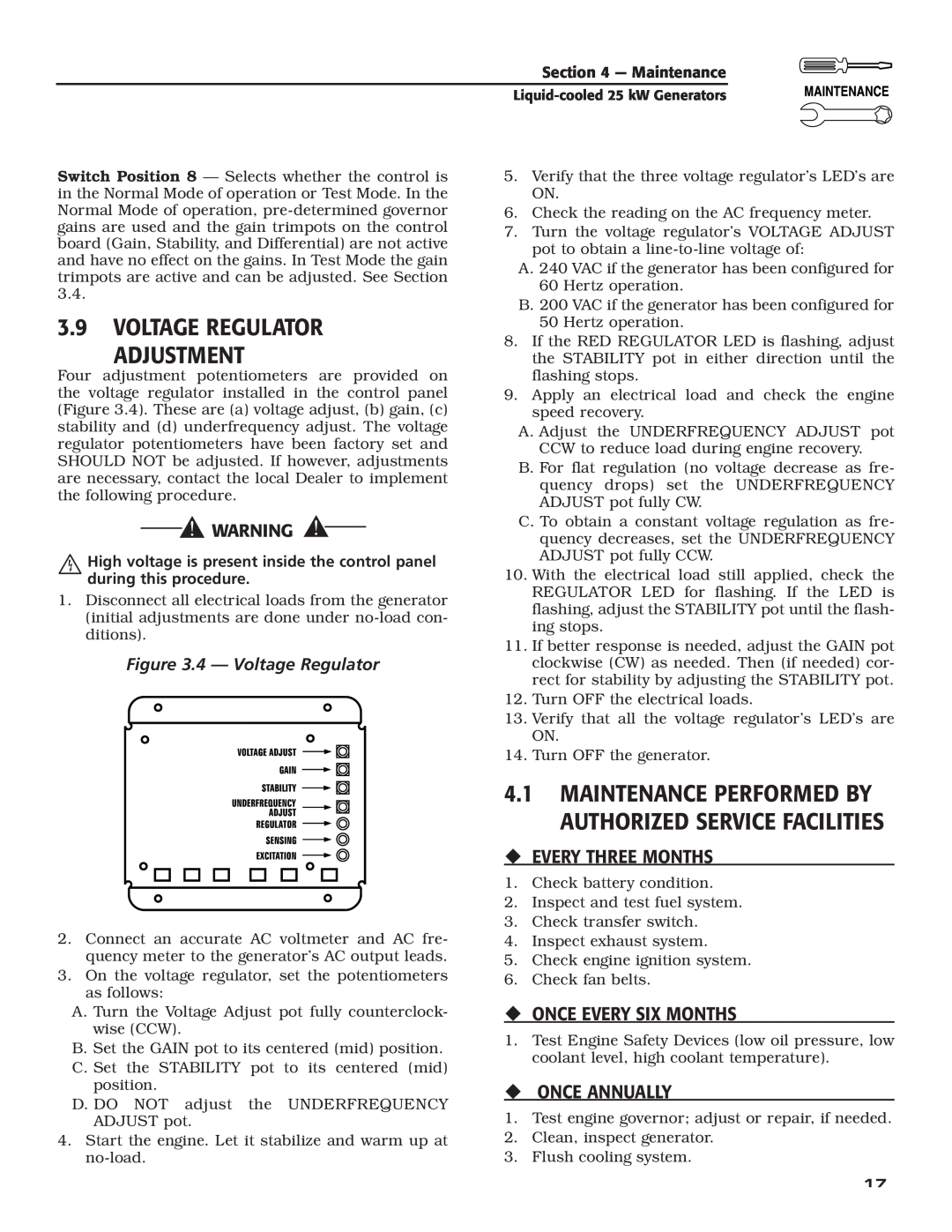 Generac 005031-2 owner manual 3.9VOLTAGE REGULATOR ADJUSTMENT, ‹Every Three Months, ‹Once Every Six Months, ‹Once Annually 