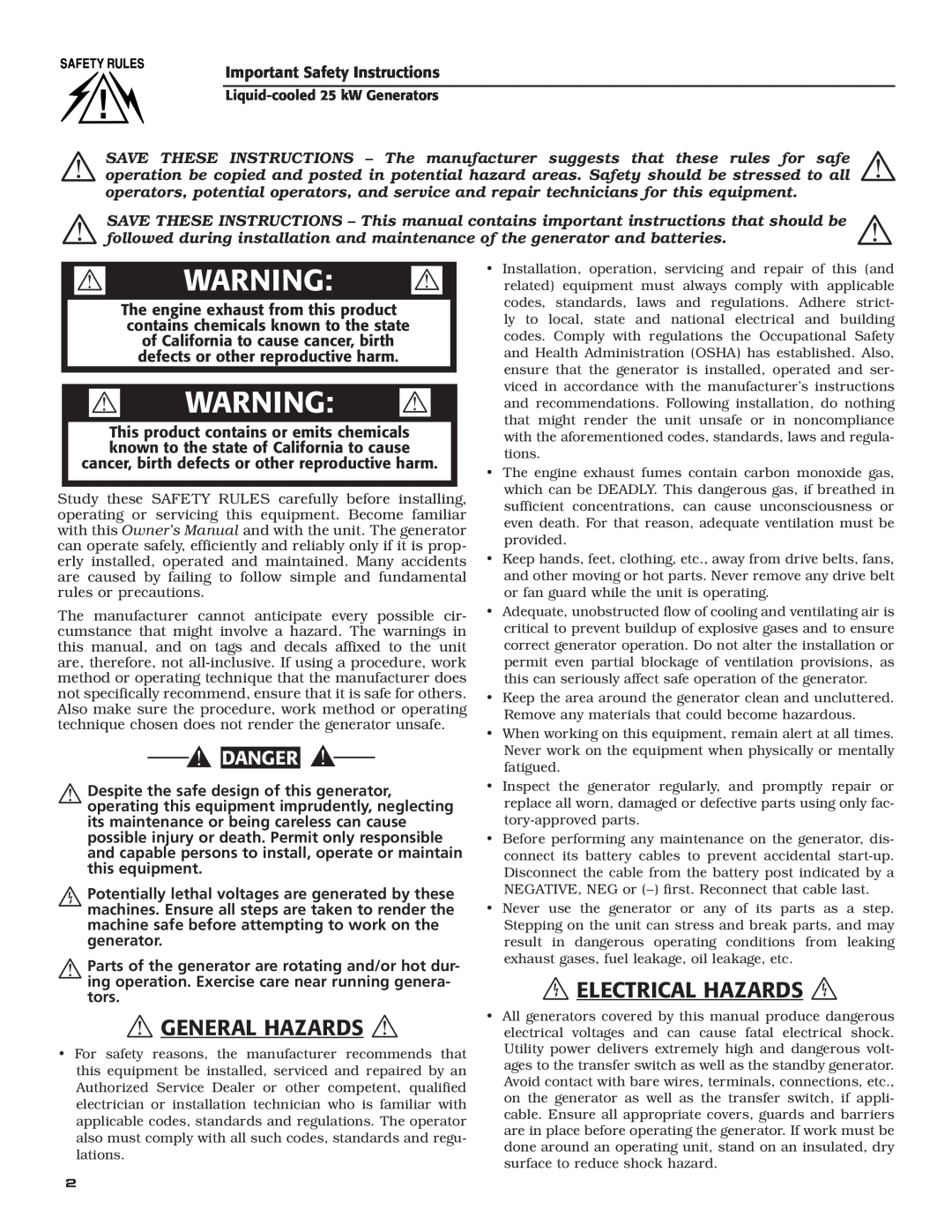 Generac 005031-2 owner manual  General Hazards, Electrical Hazards, Warning , Danger 