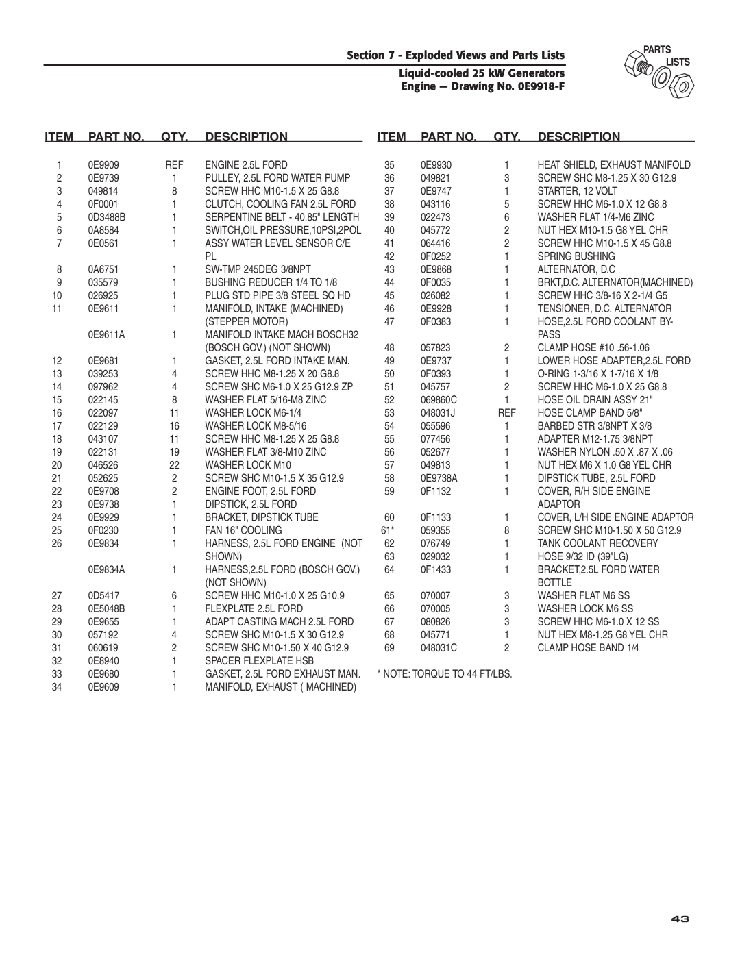 Generac 005031-2 owner manual Exploded Views and Parts Lists, Liquid-cooled25 kW Generators, Engine - Drawing No. 0E9918-F 