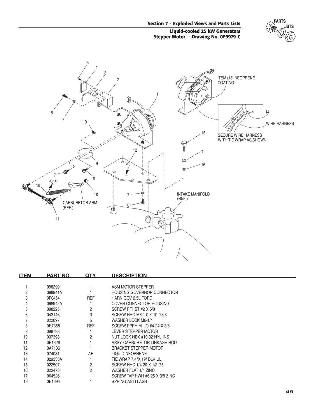 Generac 005031-2 Exploded Views and Parts Lists, Liquid-cooled25 kW Generators, Stepper Motor - Drawing No. 0E9979-C 