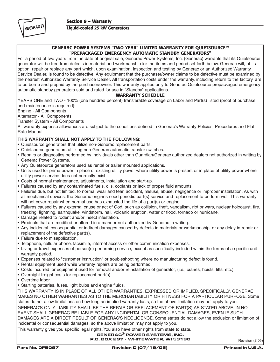 Generac 005031-2 owner manual Warranty Schedule, This Warranty Shall Not Apply To The Following 