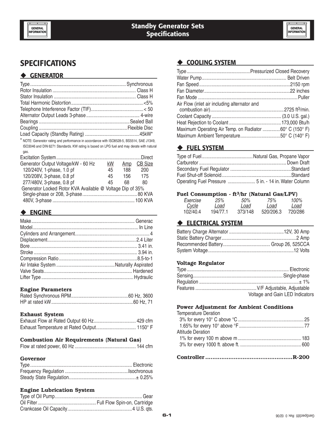 Generac 005262-0 owner manual Specifications 