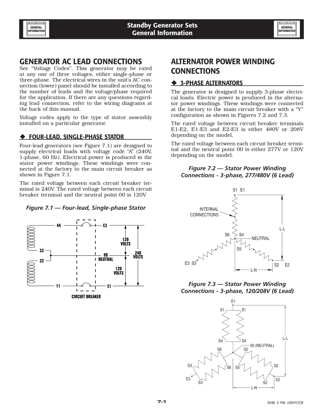 Generac 005262-0 Generator AC Lead Connections, Alternator Power Winding Connections, ‹ FOUR-LEAD, SINGLE-PHASE Stator 