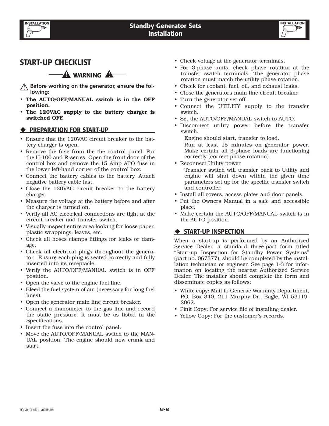 Generac 005262-0 owner manual START-UP Checklist, ‹ Preparation for START-UP, ‹ START-UP Inspection 