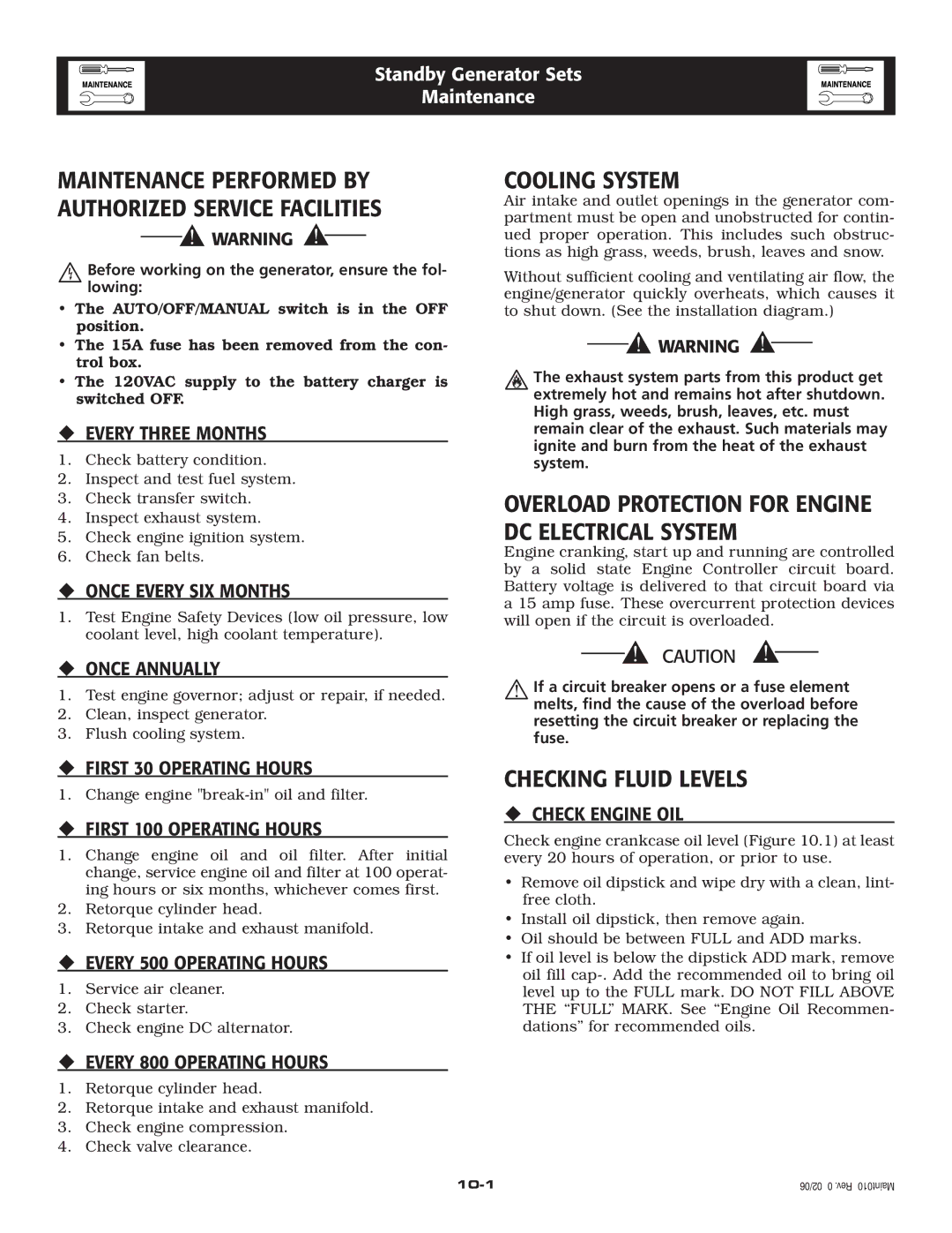 Generac 005262-0 owner manual Cooling System, Checking Fluid Levels 