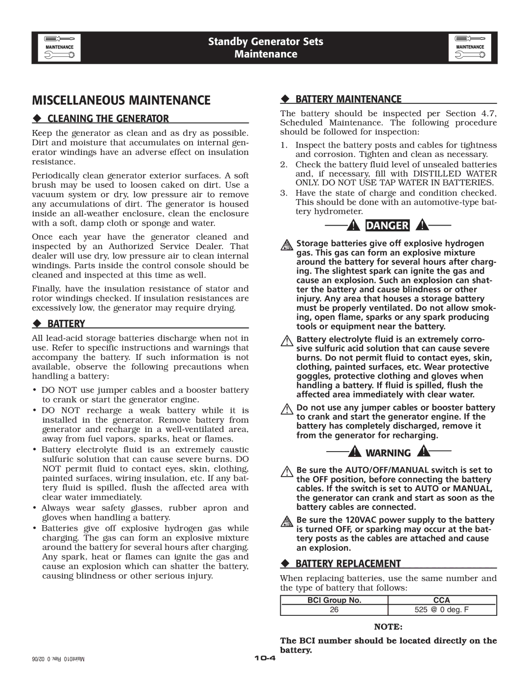 Generac 005262-0 Miscellaneous Maintenance, ‹ Cleaning the Generator, ‹ Battery Maintenance, ‹ Battery Replacement 