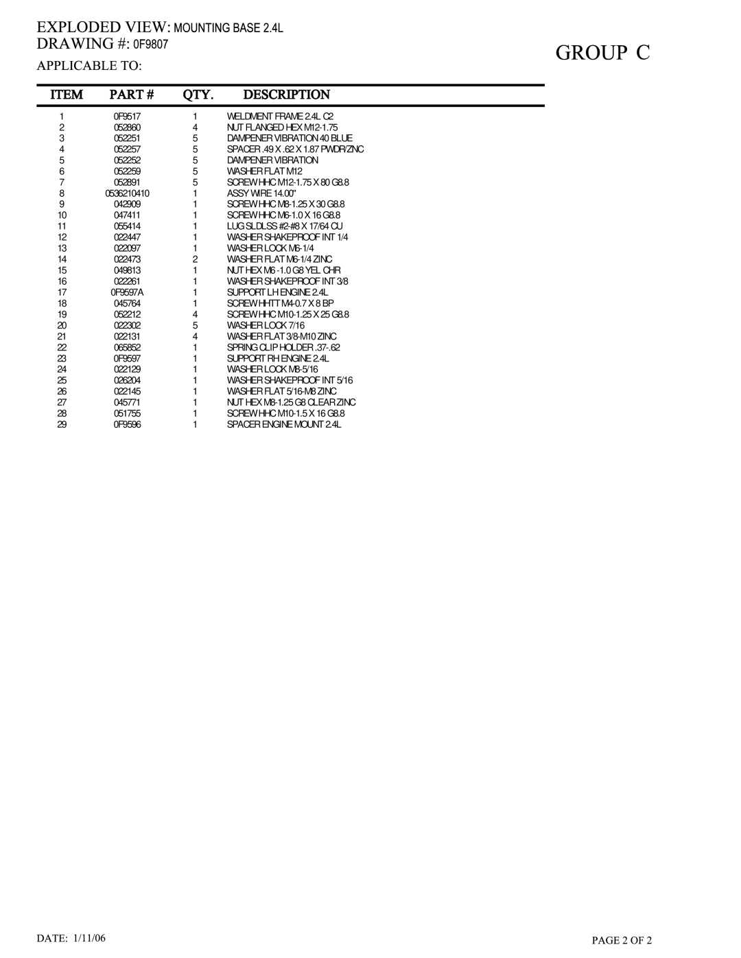 Generac 005262-0 owner manual Weldment Frame 2.4L C2 