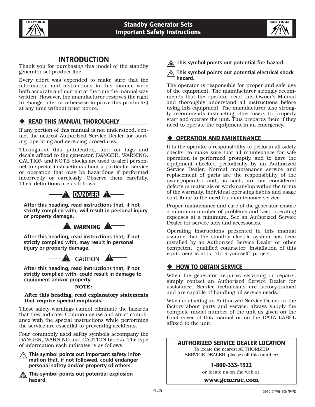 Generac 005262-0 Introduction, ‹ Read this Manual Thoroughly, ‹ Operation and Maintenance, ‹ HOW to Obtain Service 