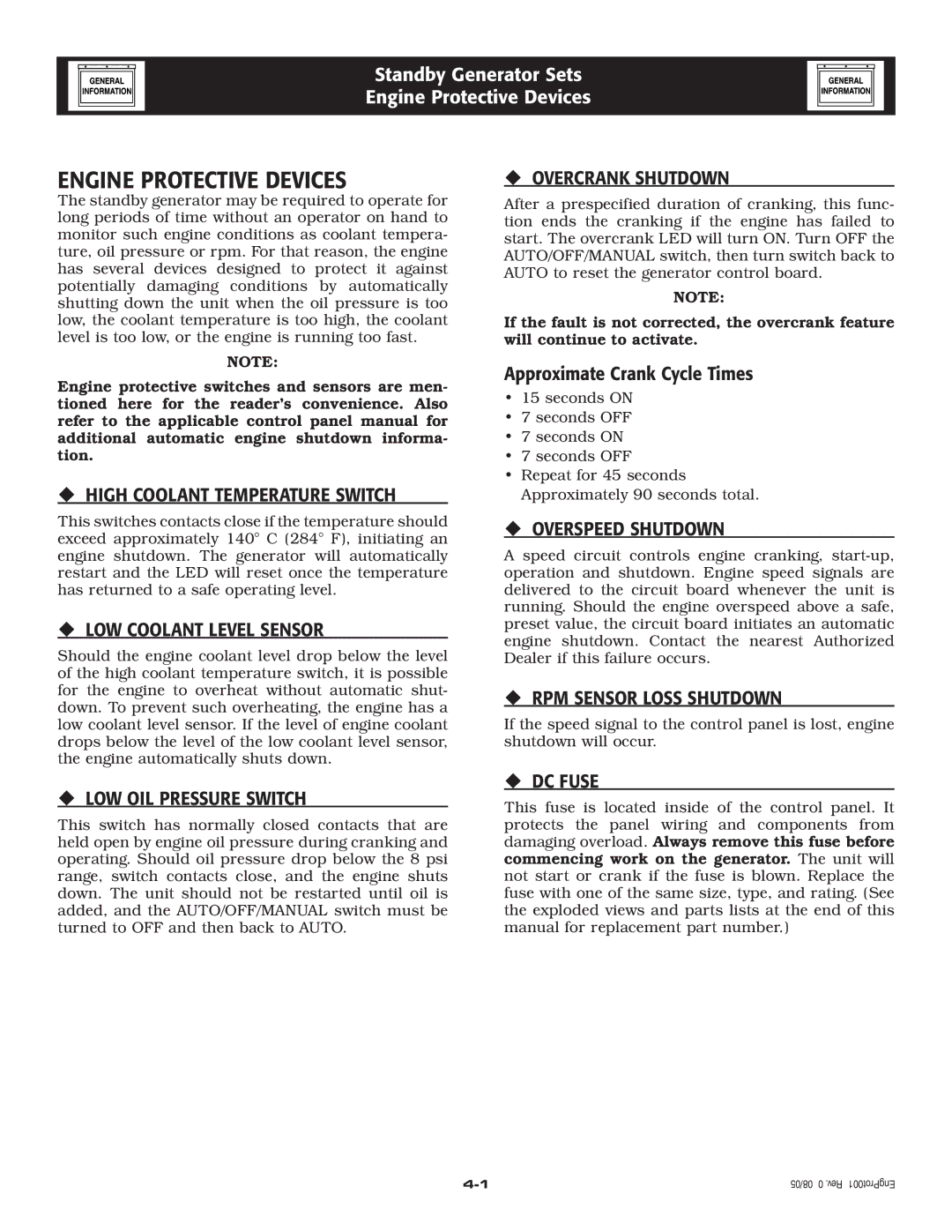 Generac 005262-0 owner manual Engine Protective Devices 