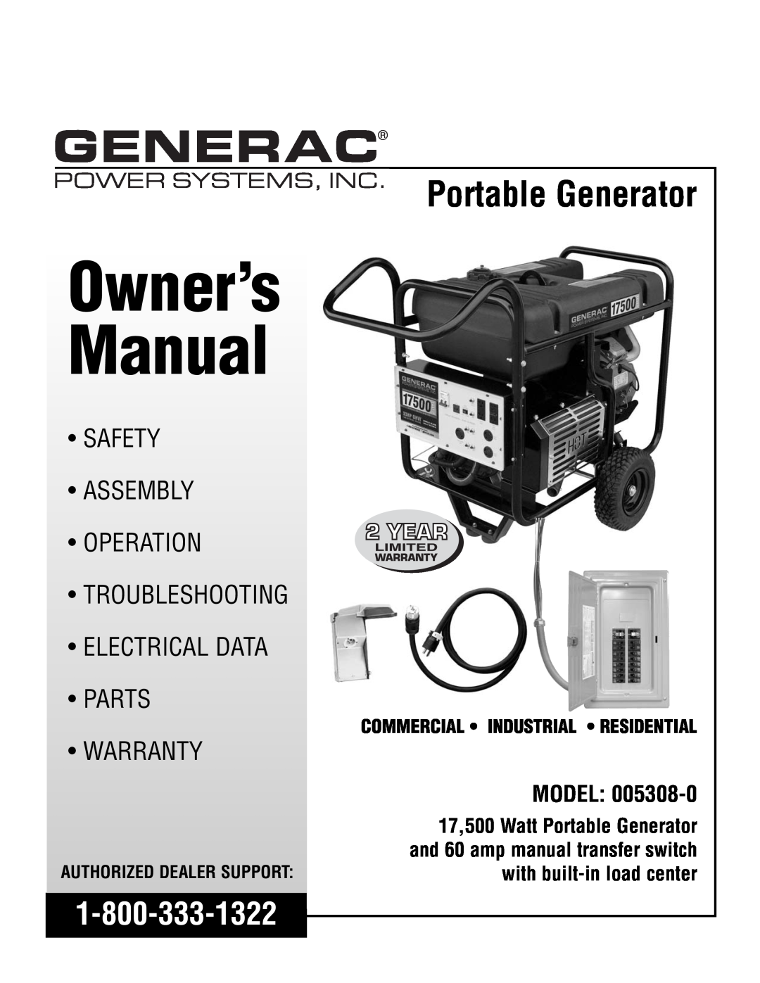 Generac 005308-0 owner manual Model, 17,500 Watt Portable Generator, and 60 amp manual transfer switch, Owner’s, Manual 