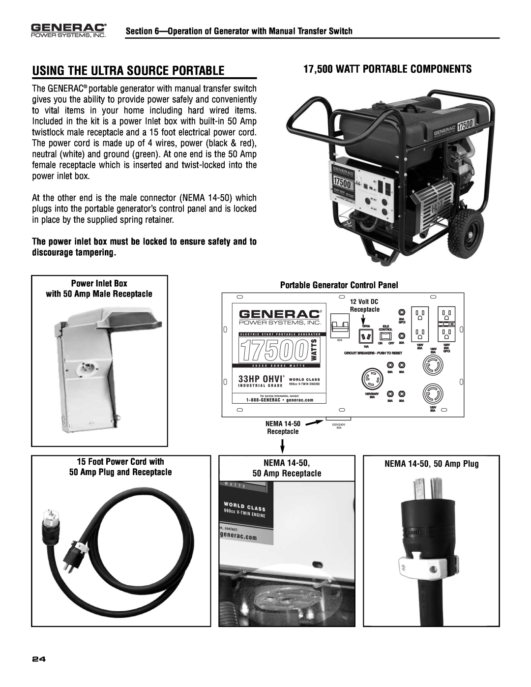 Generac 005308-0 owner manual Using The Ultra Source Portable, 17,500 WATT PORTABLE COMPONENTS, Amp Plug and Receptacle 
