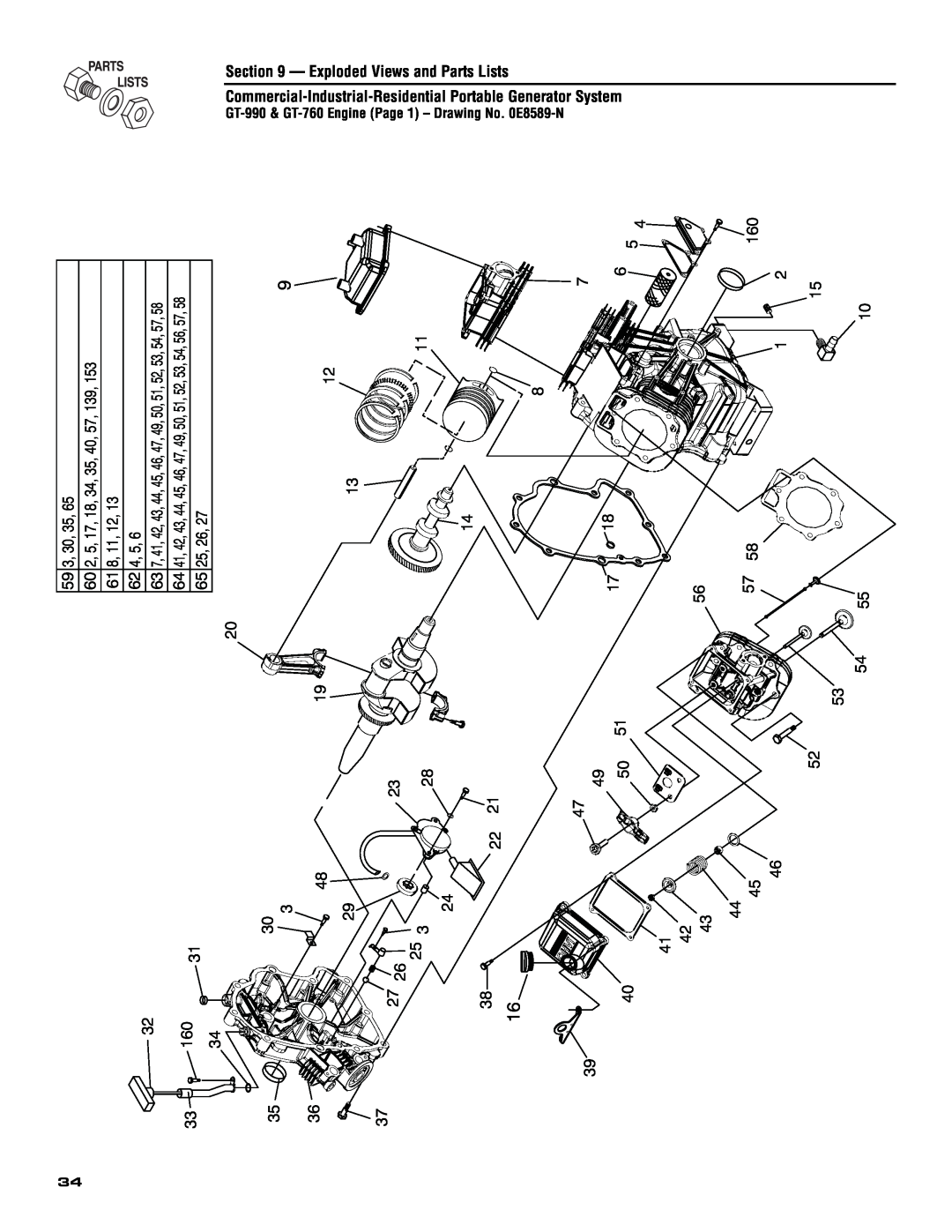 Generac 005308-0 14 22, System, Exploded Views and Parts Lists, GT-990 & GT-760 Engine Page 1 - Drawing No, Generator 