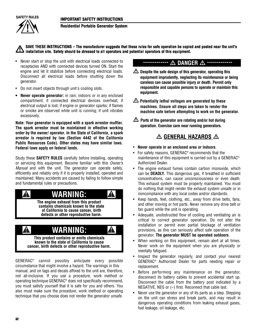 Generac 005308-0 owner manual General Hazards, Danger, IMPORTANT SAFETY INSTRUCTIONS Residential Portable Generator System 