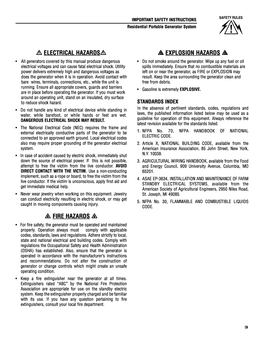 Generac 005308-0 owner manual Electrical Hazards, Explosion Hazards, Fire Hazards, Standards Index 