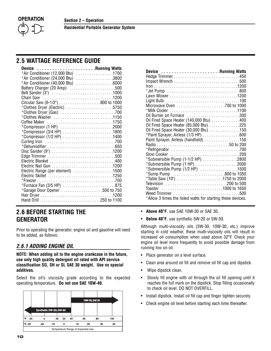 Generac 005308-0 owner manual Wattage Reference Guide, Before Starting the Generator, Adding Engine OIL 